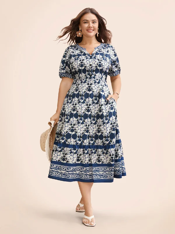 Bandana Print Notched Lantern Sleeve Dress