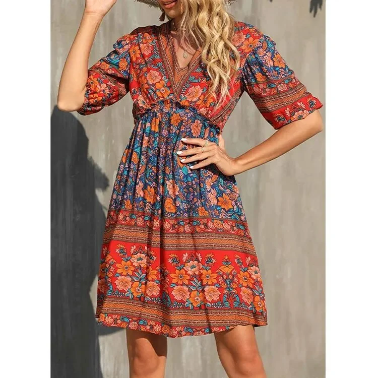 Casual Long Sleeve Pleated Y2K Boho Dress