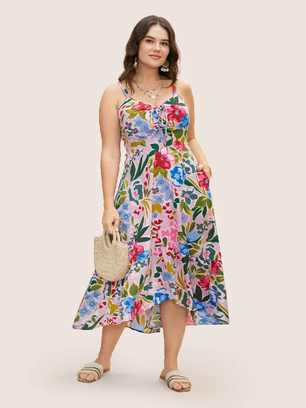 Floral Drawstring High Low Hem Cami Dress