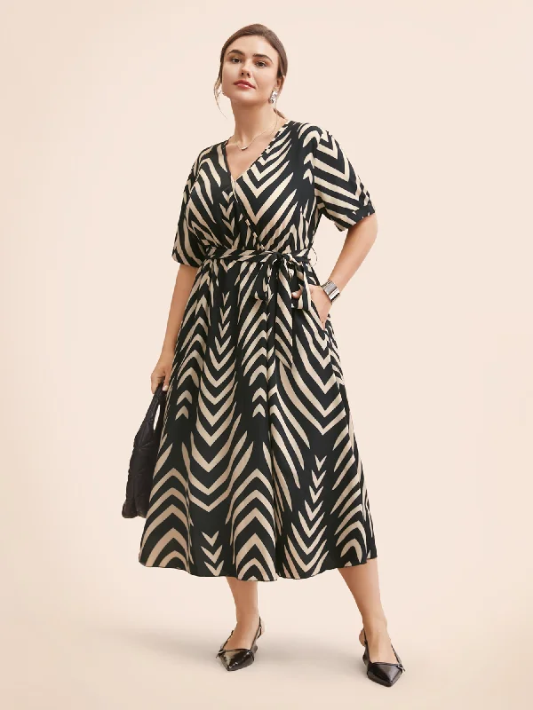 Geometric Striped Overlap Collar Midi Dress