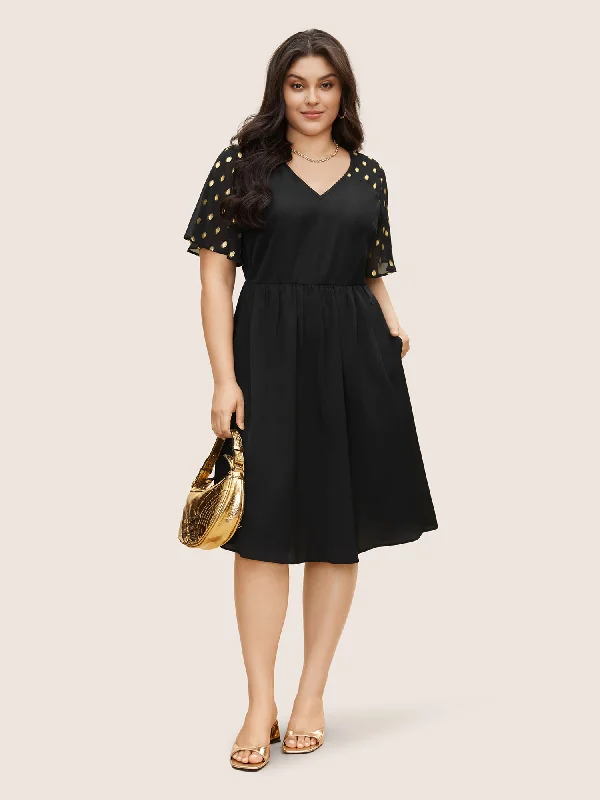 Glitter Mesh Patchwork Flutter Sleeve Dress