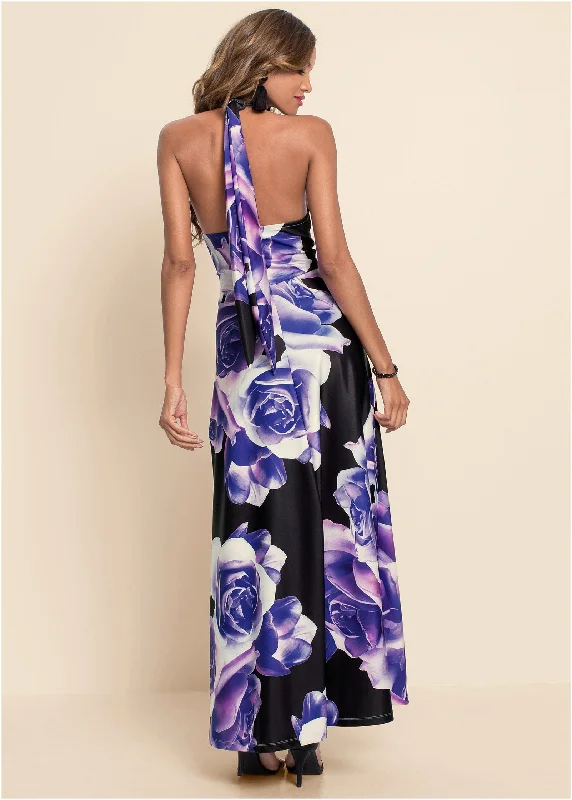 Floral printed long dress - Black & Purple