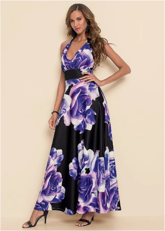 Floral printed long dress - Black & Purple