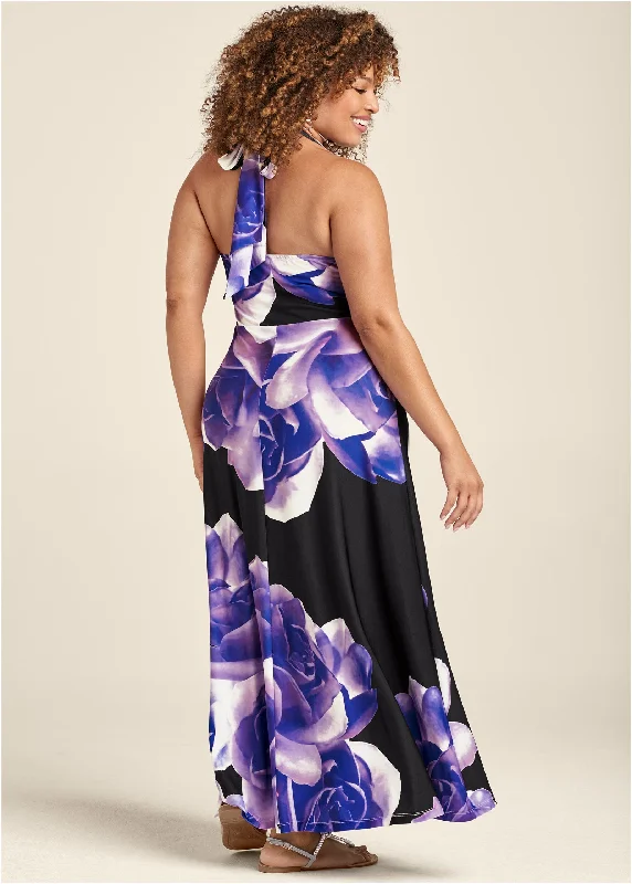 Floral printed long dress - Black & Purple