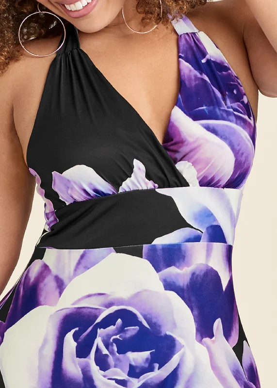 Floral printed long dress - Black & Purple