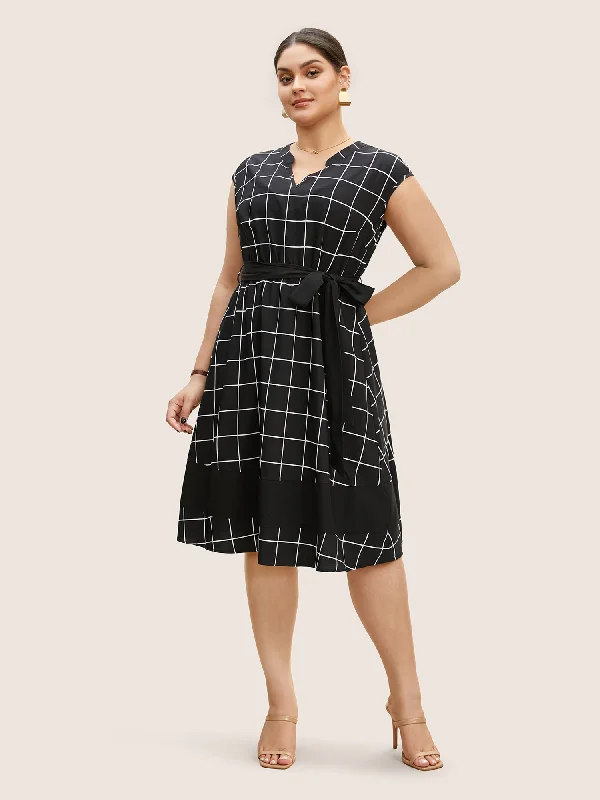 Plaid Notched Belted Cap Sleeve Midi Dress