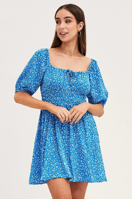 Print Puff Sleeve Skater Dress