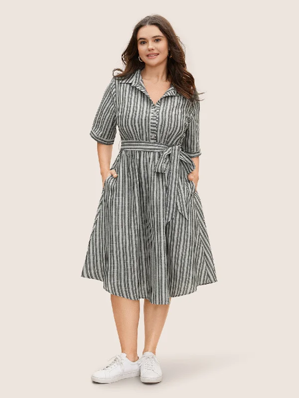 Shirt Collar Striped Button Up Belted Dress