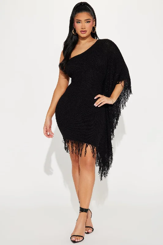 Taylor Solid Fringe Knit Mini Dress - Black