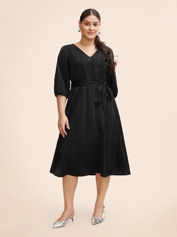 Texture Lantern Sleeve Belted Midi Dress