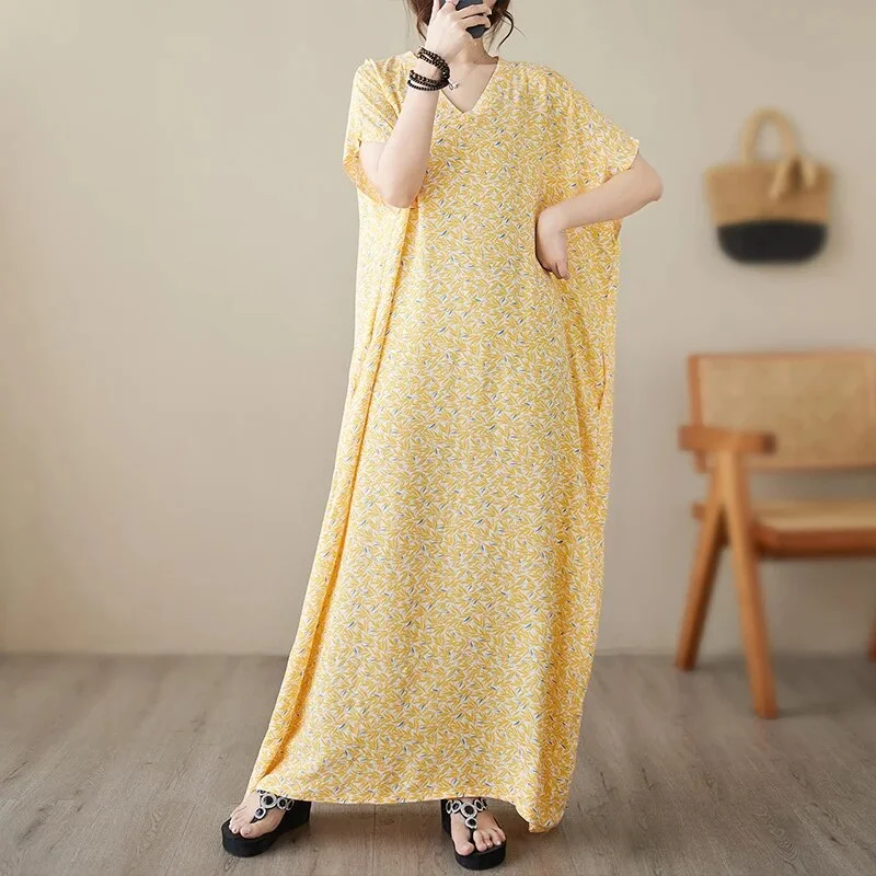 Yellow Printed V-neck Vintage Long Boho Dress