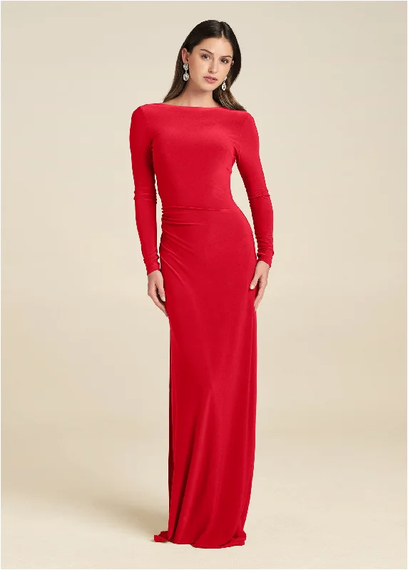 Plunging back long dress - Red