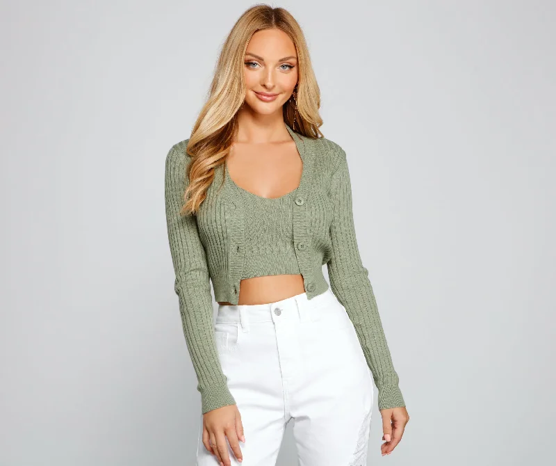 Basic Ribbed Knit Cropped Cardigan