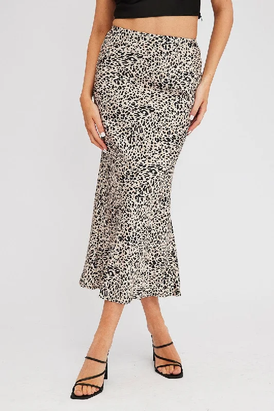 Beige Animal Print Slip Skirt Maxi