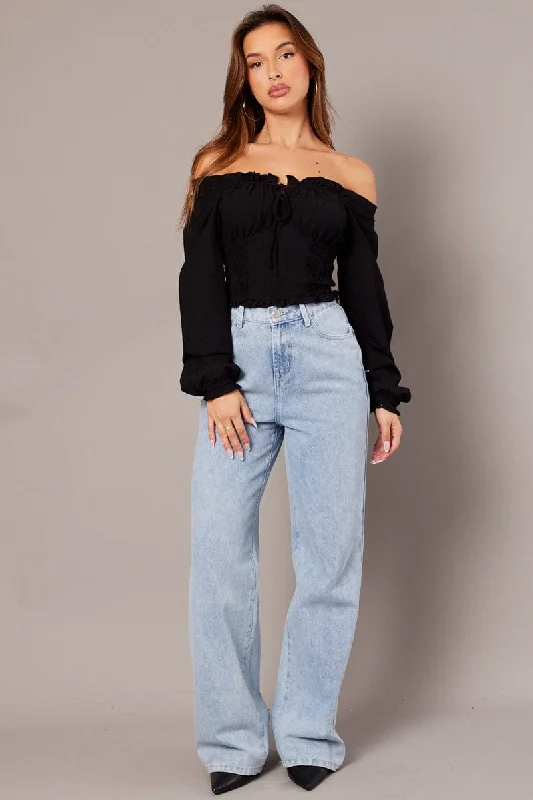 Black Ruched Crop Top Long Sleeve