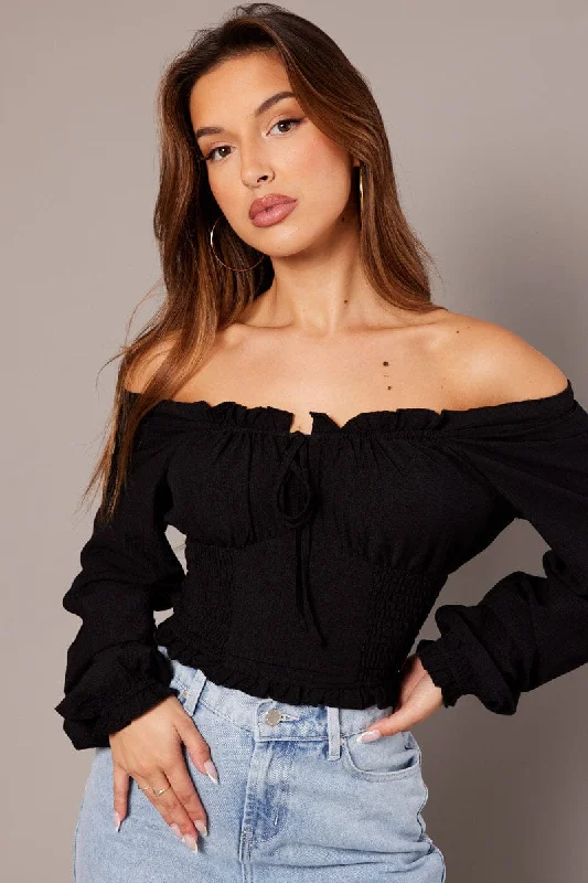 Black Ruched Crop Top Long Sleeve