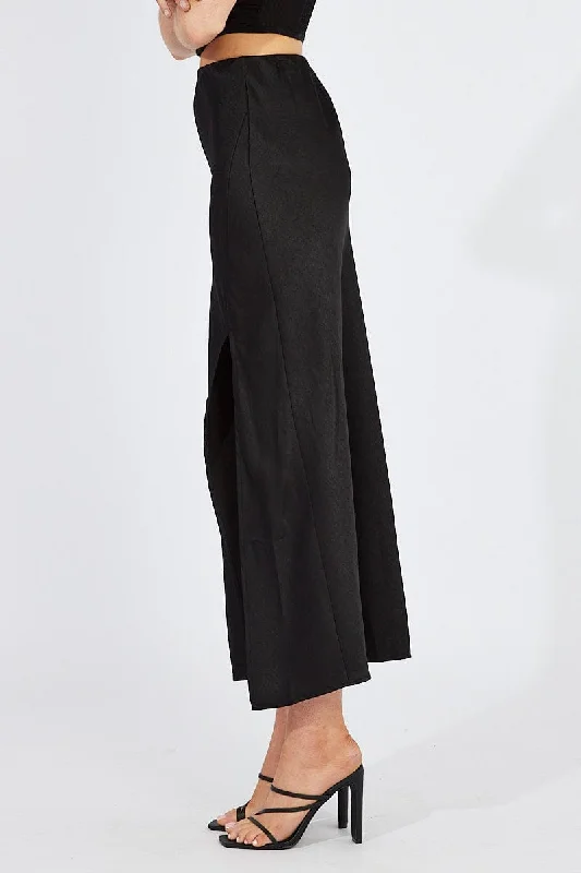 Black Slip Skirt Front Split Satin