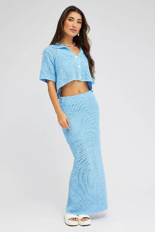 Blue Knit Skirt Midi Crochet