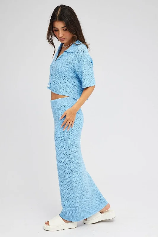 Blue Knit Skirt Midi Crochet