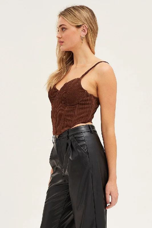 Brown Corset Top Sleeveless Crop Corduroy