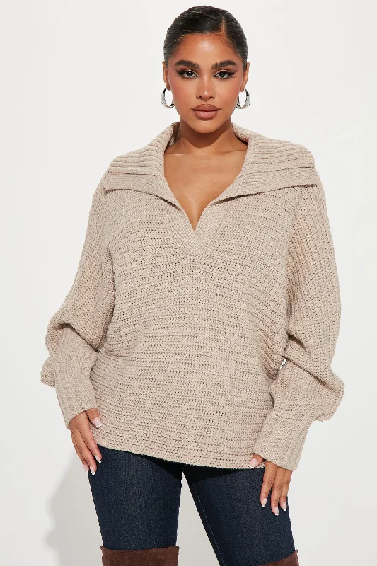 Cozy Rib Knit Collar Polo Sweater - Oatmeal