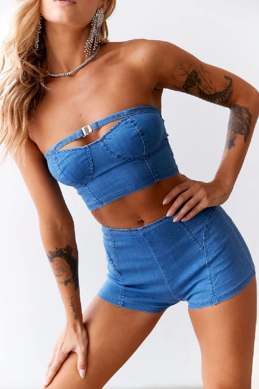 HELLO MOLLY Cheeky Heart Mid Rise Denim Shorts Blue