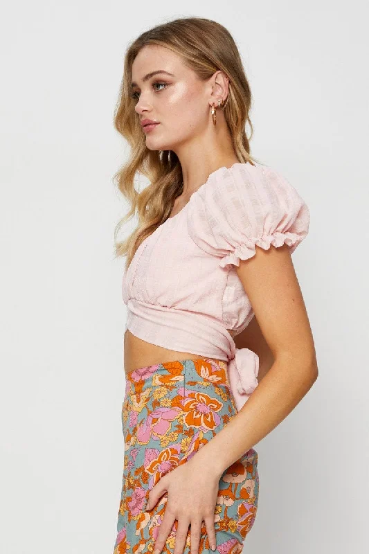 Pink Crop Top Short Sleeve Tie Up