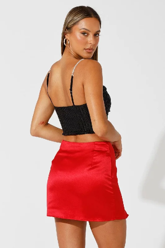 Red Mini Skirt High Rise Satin