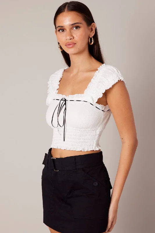 White Crop Top Sleeveless Shirred Waist Satin Bow