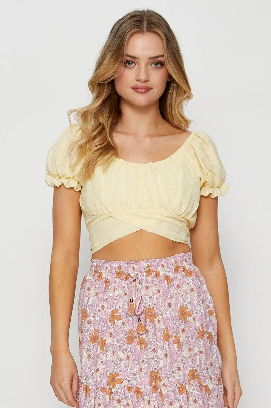 Yellow Crop Top Short Sleeve Tie Up