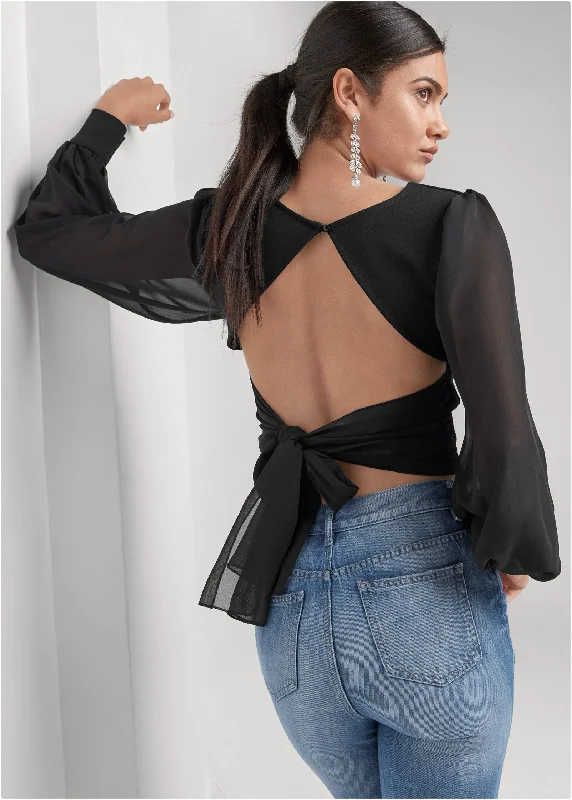 Open back tie blouse - Black