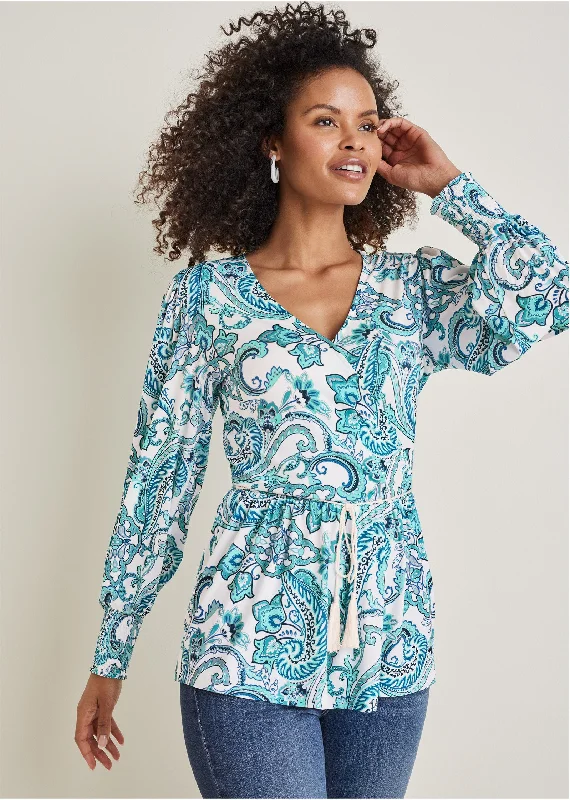 Balloon sleeve wrap front top - Blue Paisley with Border