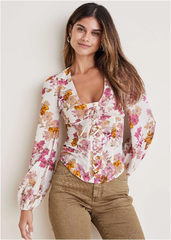 Deep V lace up top - Autumn Bouquet