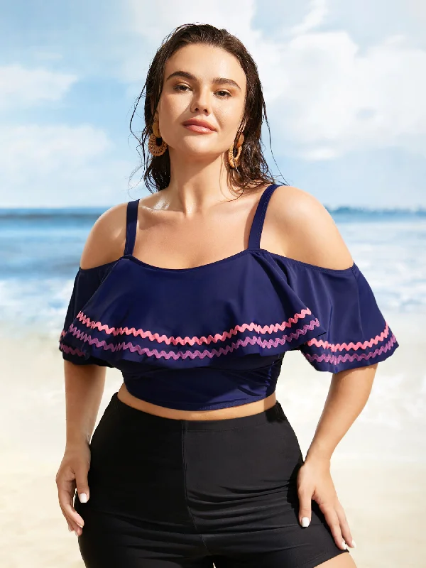 Off Shoulder Woven Ribbon Ruffle Trim Swim Top