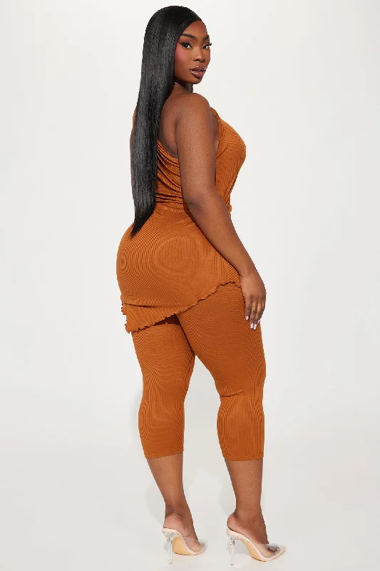 One Sided Ribbed Capri Set - Rust