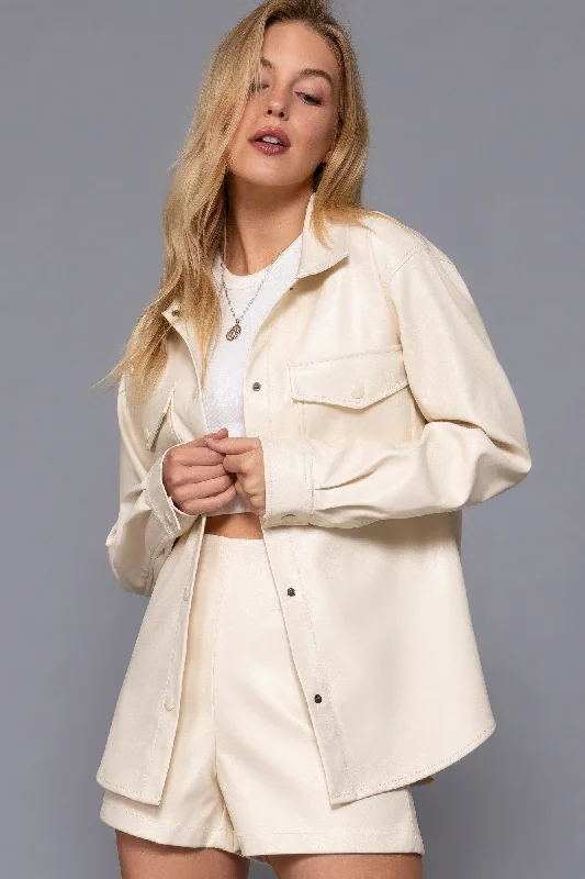 Hot Girl Milan Long Slv Faux Leather Shacket In Ivory