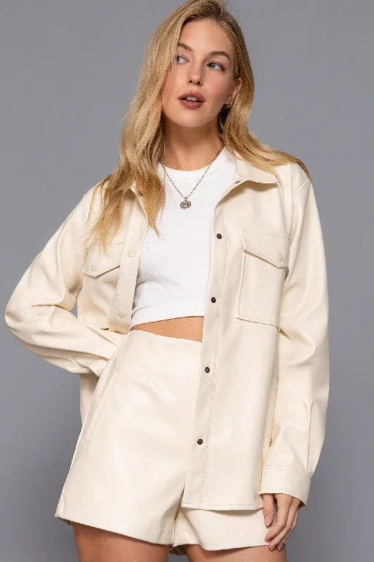 Hot Girl Milan Long Slv Faux Leather Shacket In Ivory