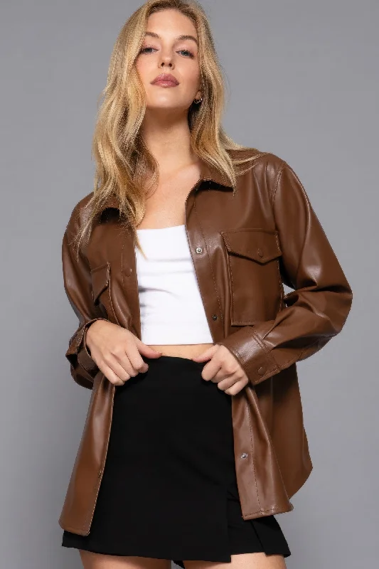 Hot Girl Milan Faux Leather Shacket In Brown