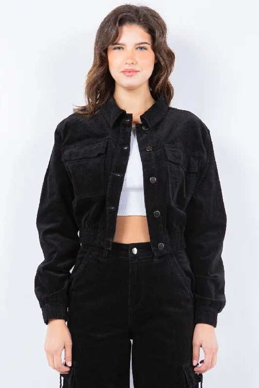 Hot Girl American Bazi Button Up Cropped Corduroy Jacket In Black