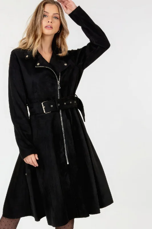 Hot Girl Belted Touch Of Suede Pea Coat In Black