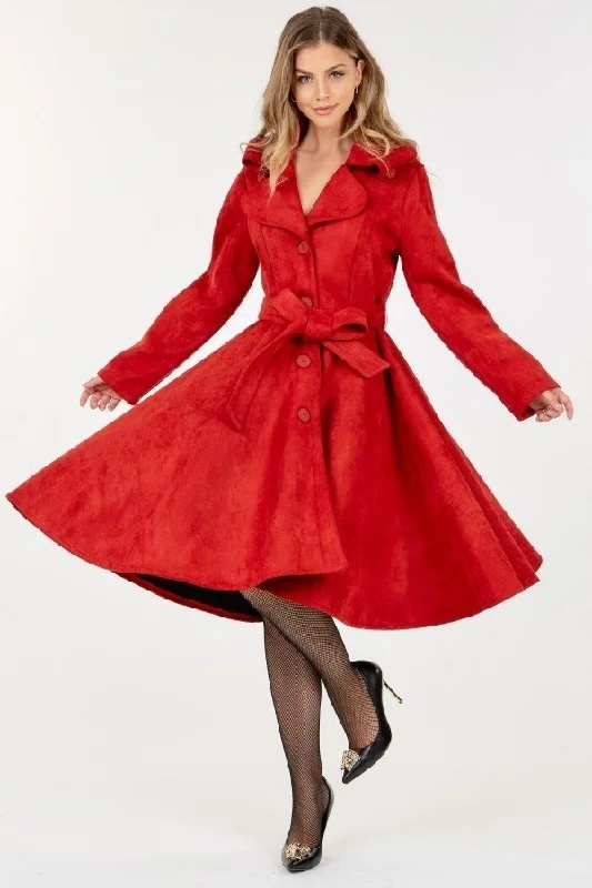 Hot Girl Drop-Red Gorgeous A-Line Suede Swing Overcoat In Red