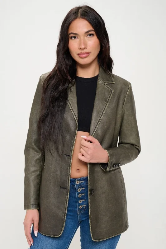 Hot Girl X Coalition LA Single-Breasted Vegan Leather Blazer In Deep Olive