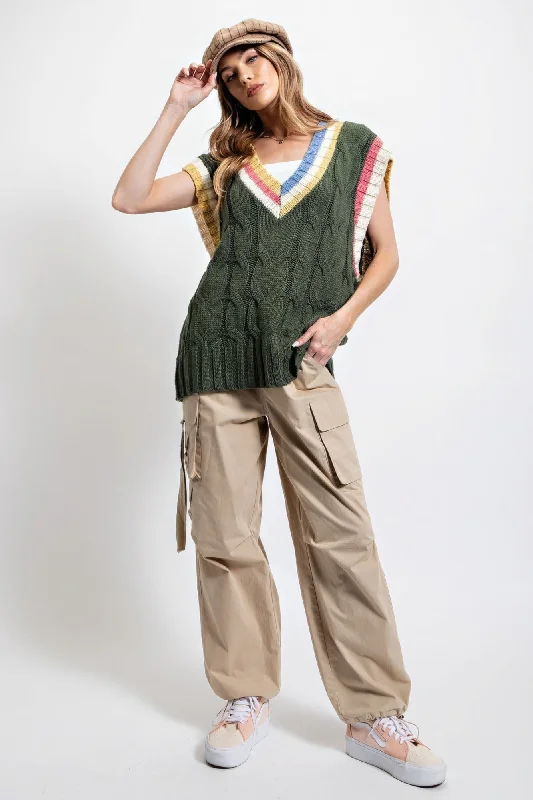 Hot Girl Multi Color Knitted Sweater Vest In Forest Green