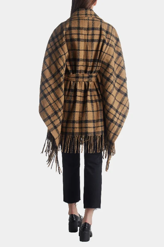 Fringe Detail Double Breasted Poncho Coat