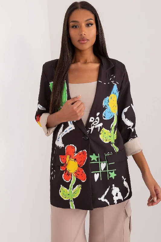 Italy Moda Flower Graffiti Blazer Jacket In Black