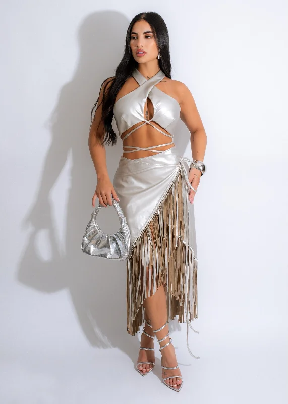 Of Impact Fringe Faux Leather Skirt Set Silver