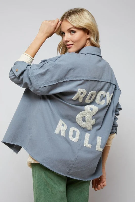 Hot Girl Rock & Roll Sequined Button Down Shacket In Denim Blue