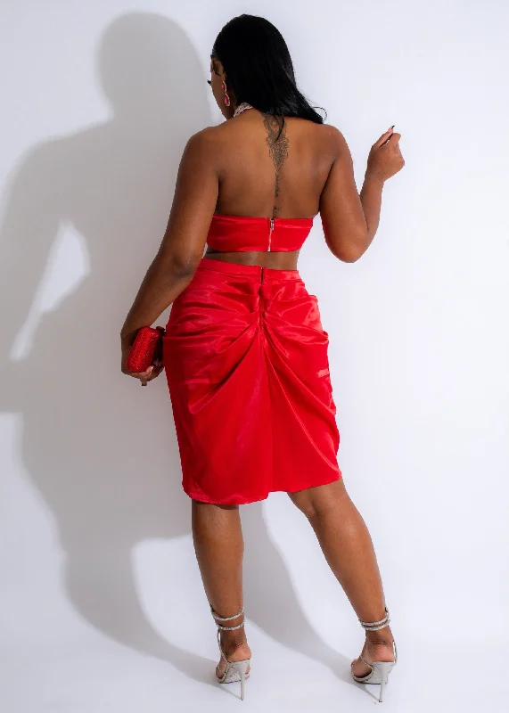 Vision Of Love Satin Rhinestones Skirt Set Red