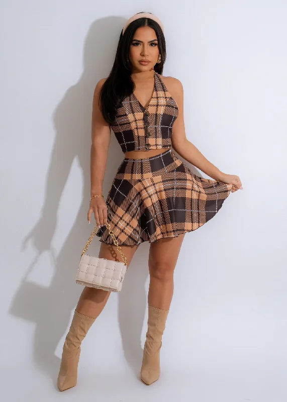 What If Plaid Skirt Set Brown