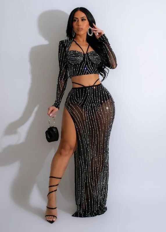 Your New Obsession Mesh Rhinestones Skirt Set Black